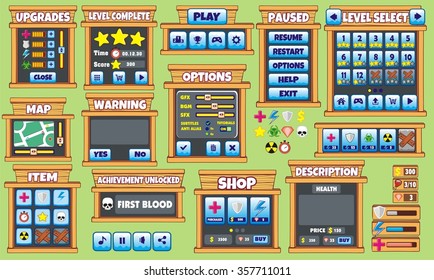 Platform Game User Interface For Tablet/ Illustration 
of a platform game user interface, in cartoon style with 
basic buttons and icons for tablet pc