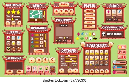 Platform Game User Interface For Tablet/ Illustration 
of a platform game user interface, in cartoon style with 
basic buttons and icons for tablet pc