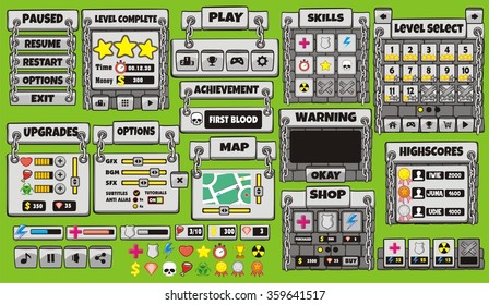 Platform Game User Interface For Tablet/ Illustration 
of a platform game user interface, in cartoon style with 
basic buttons and icons for tablet pc