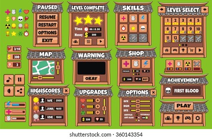 Platform Game User Interface For Tablet/ Illustration  of a platform game user interface, in cartoon style with  basic buttons and icons for tablet pc