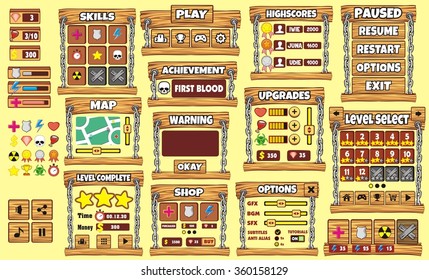 Platform Game User Interface For Tablet/ Illustration  of a platform game user interface, in cartoon style with  basic buttons and icons for tablet pc