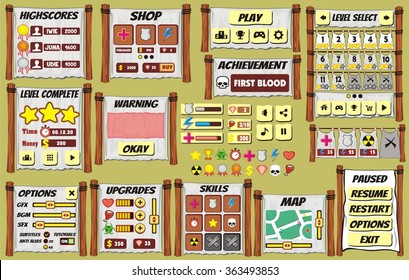 Platform Game User Interface For Tablet/ Illustration 
of a platform game user interface, in cartoon style with 
basic buttons and icons for tablet pc