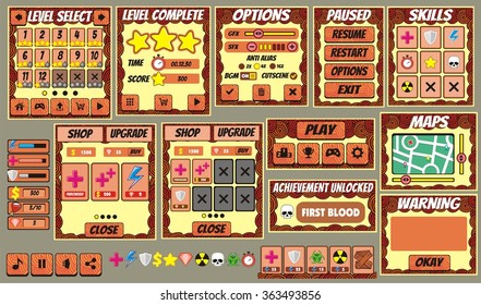 Platform Game User Interface For Tablet/ Illustration 
of a platform game user interface, in cartoon style with 
basic buttons and icons for tablet pc