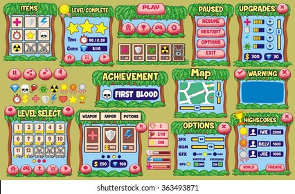 Platform Game User Interface For Tablet/ Illustration 
of a platform game user interface, in cartoon style with 
basic buttons and icons for tablet pc