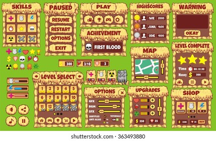 Platform Game User Interface For Tablet/ Illustration 
of a platform game user interface, in cartoon style with 
basic buttons and icons for tablet pc