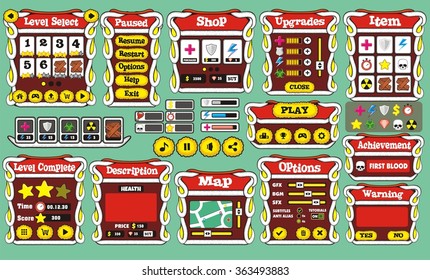 Platform Game User Interface For Tablet/ Illustration 
of a platform game user interface, in cartoon style with 
basic buttons and icons for tablet pc