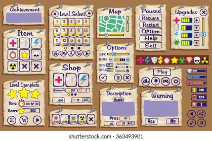 Platform Game User Interface For Tablet/ Illustration 
of a platform game user interface, in cartoon style with 
basic buttons and icons for tablet pc