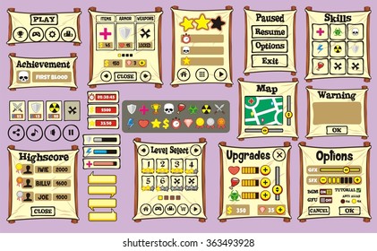 Platform Game User Interface For Tablet/ Illustration 
of a platform game user interface, in cartoon style with 
basic buttons and icons for tablet pc