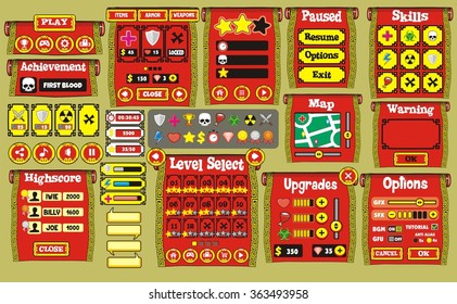 Platform Game User Interface For Tablet/ Illustration 
of a platform game user interface, in cartoon style with 
basic buttons and icons for tablet pc