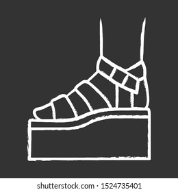 Platform high heel sandals chalk icon. Woman stylish footwear design. Female casual summer shoes side view. Fashionable ladies clothing accessory. Isolated vector chalkboard illustration