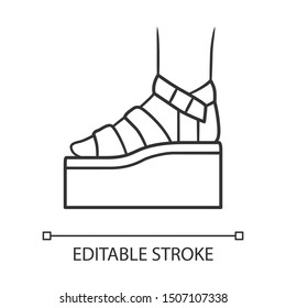 Platform high heel sandals linear icon. Woman stylish footwear. Female casual summer shoes. Editable stroke. Thin line illustration. Contour symbol. Vector isolated outline drawing