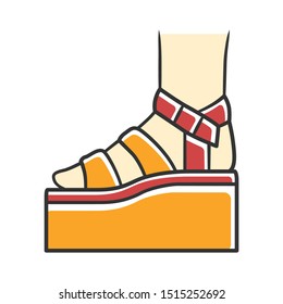 Platform high heel sandals yellow color icon. Woman stylish footwear design. Female casual summer shoes side view. Fashionable ladies clothing accessory. Isolated vector illustration