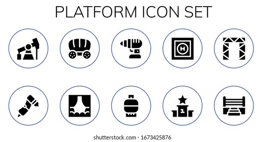 conjunto de iconos de plataforma. 10 iconos de plataforma rellenos.  Iconos modernos sencillos, como: Toma de bombeo, taladro, vagón, escenario, gas, helipuerto, podio, remachado, anillo de boxeo