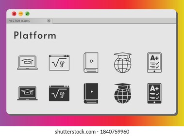 conjunto de iconos de plataforma. incluido ereader, portátil-estudiante, ebook, escuela, iconos matemáticos sobre fondo blanco. estilos lineales y llenos.