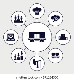 platform icons set. Set of 9 platform filled icons such as ranking, cargo on palette, cargo wagon, oil derrick, search cloud