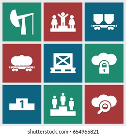 Platform icons set. set of 9 platform filled icons such as ranking, cargo on palette, cargo wagon, oil derrick, search cloud