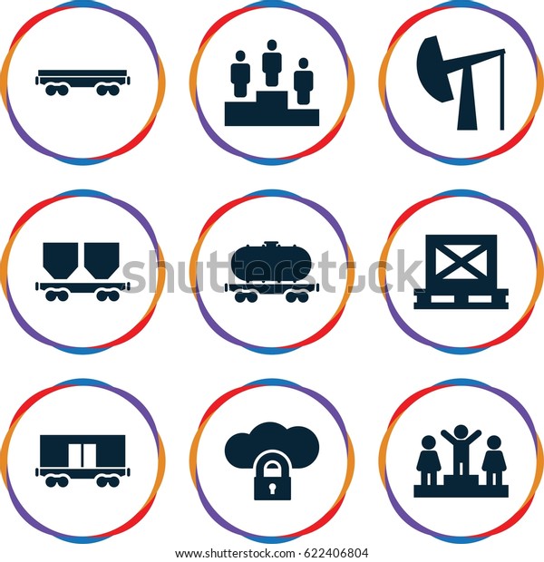 Platform icons set. set\
of 9 platform filled icons such as ranking, cargo on palette, cargo\
wagon, oil derrick