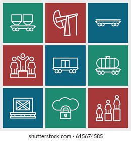 Platform icons set. set of 9 platform outline icons such as ranking, cargo on palette, cargo wagon, oil derrick