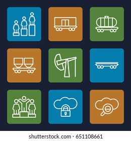 Platform icons set. set of 9 platform outline icons such as ranking, cargo wagon, oil derrick, search cloud