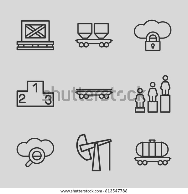 Platform icons set. set of 9 platform outline icons\
such as ranking, cargo on palette, cargo wagon, oil derrick, search\
cloud