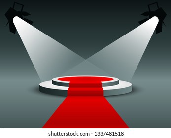 Platform illuminated by spotlights. Round podium with red carpet and curtain Vector illustration