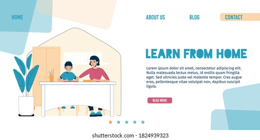 Platform for kid learning from home landing page. Woman tutor or mother teaching boy child sitting at desk table. Lesson or tutorial, software for e-learning, distance education. Homeschooling