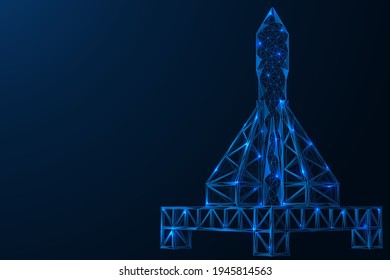 A platform for launching spacecraft into space. Racks with a rocket. Polygonal construction of concatenated lines and points. Blue background.