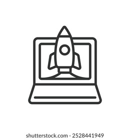 Platform Lunch, in line design. Platform launch, product launch, software release, new features, audience engagement on white background vector. Platform Lunch, in line design editable stroke icon