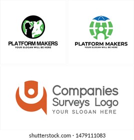 Platform makers logo with globe children holding umbrella and bubble chat vector suitable for internet market provide business web company