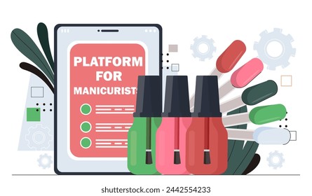 Platform for manicurists concept. Colorful fingernails and nail polish. Beauty, elegance and aesthetics. Make up and cosmetics products. Cartoon flat vector illustration isolated on white background