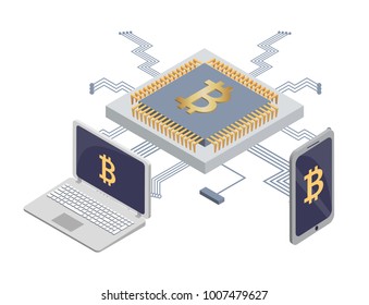 Platform for mining bitcoins, blockchain for money transactions with help of modern computer technologies vector illustration isolated on white