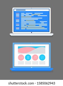 Platform online courses website with icons set vector. Screen of computer, education global network and support, files for getting knowledge info