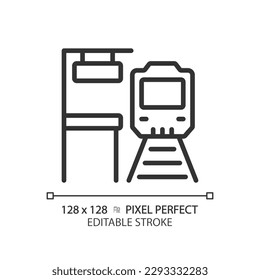 Platform pixel perfect linear icon. Train station. Railway track. Passenger transport. High speed rail. Thin line illustration. Contour symbol. Vector outline drawing. Editable stroke