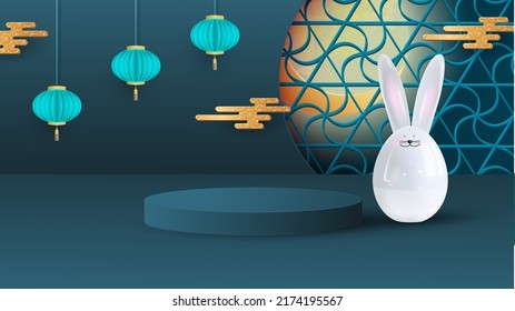 Platform and podium for presentations. Festive background for the Mid-Autumn Festival with a ceramic hare, hanging lanterns and a bright moon. Vector illustration