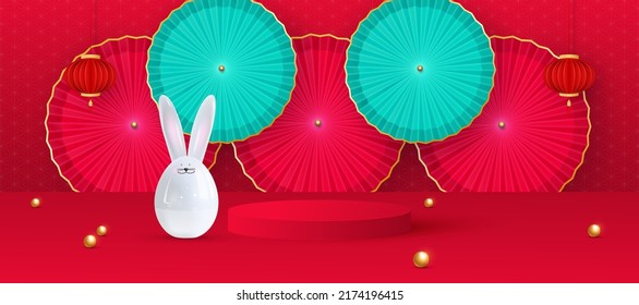 Platform and podium for presentations. Festive Christmas background, ceramic hare, hanging lanterns, fans, traditional patterns,golden balls. Happy new year of the rabbit. Vector illustration