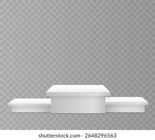 Plataforma e cena do pódio. Suporte 3d iluminado com base redonda e fundo abstrato. Estágio branco para apresentação, exibição ou layout do produto com destaque e perspectiva circular em branco.