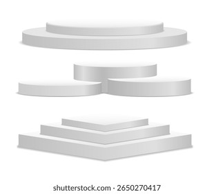Platform and podium scene. Illuminated 3d stand with round base and abstract background. White stage for product presentation, exhibition or layout with spotlight and blank circular perspective.