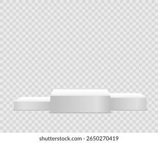 Platform en podium scene. Verlichte 3D-standaard met ronde basis en abstracte achtergrond. Wit podium voor productpresentatie, tentoonstelling of lay-out met spotlight en blanco cirkelperspectief.