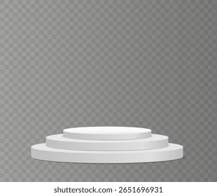 Platform en podium scene. Verlichte 3D-standaard met ronde basis en abstracte achtergrond. Wit podium voor productpresentatie, tentoonstelling of lay-out met spotlight en blanco cirkelperspectief.