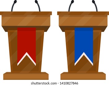 Platform for political debates and discussions. Red versus blue. Pedestal with colored flags for the lecturer and the President. Elections and dialogue. Wooden podium. Cartoon flat illustration
