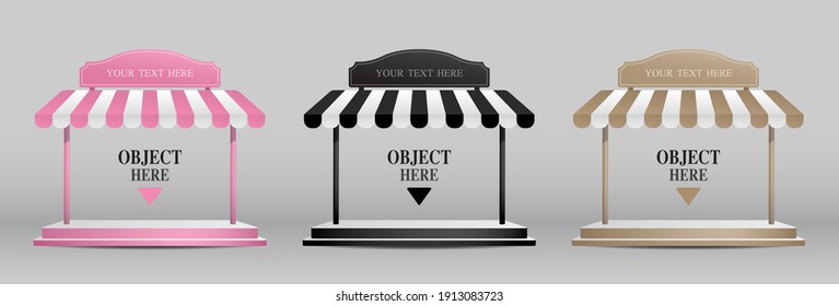 Platform for putting your object with awning and signage for placing your text 3D illustration vector.