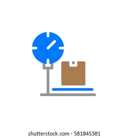 Platform scale with package icon vector, filled flat sign, solid colorful pictogram isolated on white. Parcel weighing symbol, logo illustration