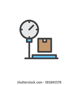 Platform scale with package line icon, filled outline vector sign, linear colorful pictogram isolated on white. Parcel weighing symbol, logo illustration