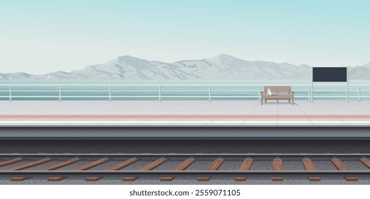 The platform of the seaside train station with a cat sitting on a bench have mountain ranges and blue sky background graphic illustration.