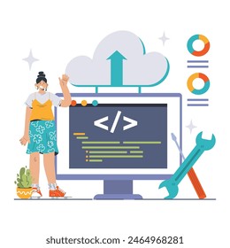 Platform as a Service concept. A developer interacts with PaaS interface for enhanced productivity and streamlined workflow. Cloud technology and programming visualization. Flat vector illustration