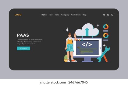 Platform as a Service concept. A developer interacts with PaaS interface for enhanced productivity and streamlined workflow. Cloud technology and programming visualization. Flat vector illustration