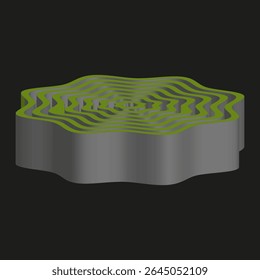 Platform shape vector. Wavy top surface. Isometric abstract base. Black background object.