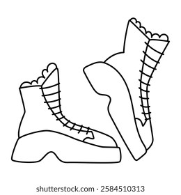 Platform shoes with laces. Walking boots. Flat line vector illustration, eps10