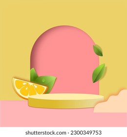 platform to showcase summer ginseng products that will help the platform.Cosmetic products stand. Round shape of a sphere on a summer background. Vector illustration 3D rendering