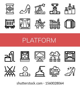 platform simple icons set. Contains such icons as Oil tank, Railway carriage, High heels, Stage, Pumpjack, Oil rig, Podium, Rank, Storage tank, can be used for web, mobile and logo